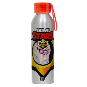 Brawl Stars Byron, Αλουμινένιο Αθλητικό Μπουκάλι 650ml – Ασημί με Κόκκινο Καπάκι και Λουράκι Σιλικόνης