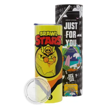 Brawl Stars Byron, Neon Yellow Travel Tumbler θερμό, μεταλλικό καλαμάκι(Ανωξείδωτο 304 Food grade, BPA free, 600ml)