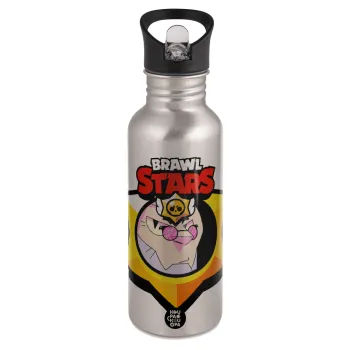 Brawl Stars Byron, Παγούρι νερού Ασημένιο με καλαμάκι, ανοξείδωτο ατσάλι 600ml