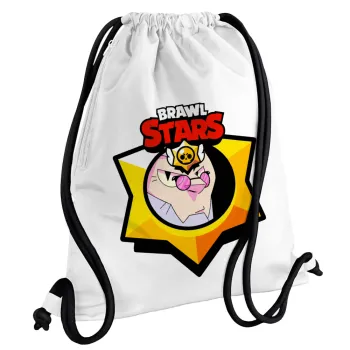 Brawl Stars Byron, Backpack pouch GYMBAG white, with pocket (40x48cm) & thick cords