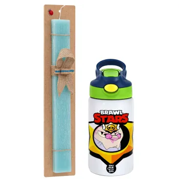 Brawl Stars Byron, Easter Set, Children's thermal stainless steel bottle with safety straw, green/blue (350ml) & aromatic flat Easter candle (30cm) (TURQUOISE)