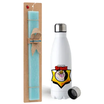 Brawl Stars Byron, Easter Set, metallic stainless steel water bottle (750ml) & aromatic flat Easter candle (30cm) (TURQUOISE)