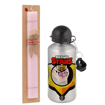 Brawl Stars Byron, Easter Set, metallic Silver aluminum water bottle (500ml) & scented flat Easter candle (30cm) (PINK)