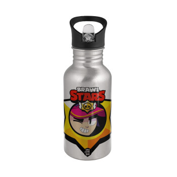 Brawl Stars Fang, Water bottle Silver with straw, stainless steel 500ml