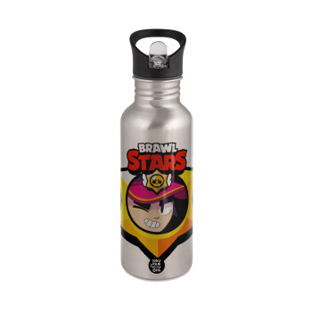 Brawl Stars Fang, Water bottle Silver with straw, stainless steel 600ml