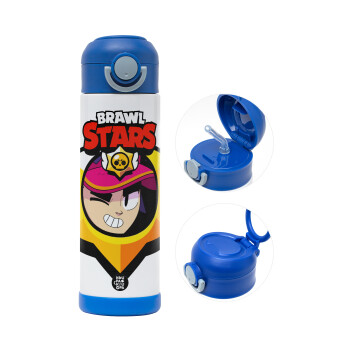 Brawl Stars Fang, Children's hot water bottle, stainless steel, with safety straw, BLUE (500ml)