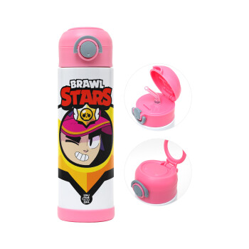 Brawl Stars Fang, Children's hot water bottle, stainless steel, with safety straw, PINK (500ml)