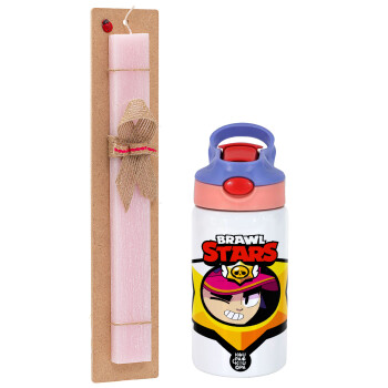 Brawl Stars Fang, Πασχαλινό Σετ, Παιδικό παγούρι θερμό, ανοξείδωτο, με καλαμάκι ασφαλείας, ροζ/μωβ (350ml) & πασχαλινή λαμπάδα αρωματική πλακέ (30cm) (ΡΟΖ)
