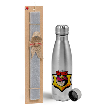 Brawl Stars Fang, Easter Set, metallic Inox water bottle (750ml) & aromatic flat Easter candle (30cm) (GRAY)