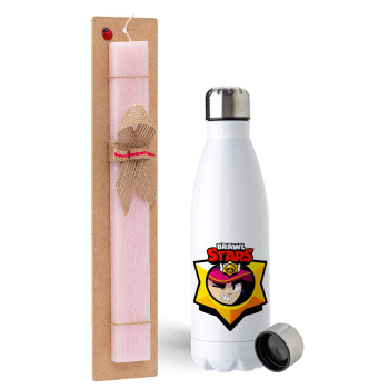 Brawl Stars Fang, Easter Set, metallic stainless steel water bottle (750ml) & scented flat Easter candle (30cm) (PINK)