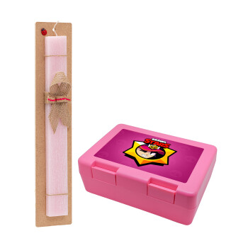 Brawl Stars Fang, Easter Set, children's snack container PINK & scented flat Easter candle (30cm) (PINK)
