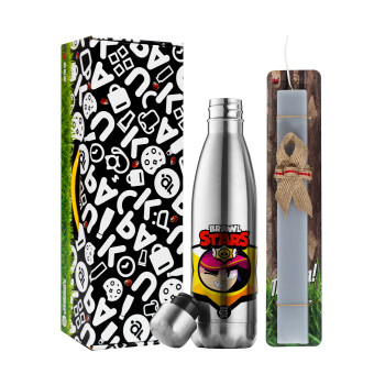 Brawl Stars Fang, Easter Set, metallic stainless thermos flask (500ml) & scented flat Easter candle (30cm) (GRAY)