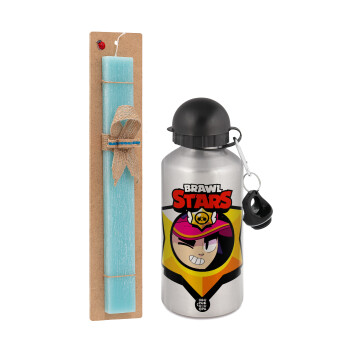 Brawl Stars Fang, Easter Set, metallic silver aluminum water bottle (500ml) & scented flat Easter candle (30cm) (TURQUOISE)