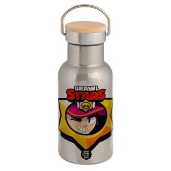Brawl Stars Fang, Μεταλλικό παγούρι θερμός (Stainless steel) Ασημένιο με ξύλινο καπακι (bamboo), διπλού τοιχώματος, 350ml