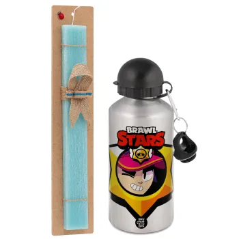 Brawl Stars Fang, Easter Set, metallic silver aluminum water bottle (500ml) & scented flat Easter candle (30cm) (TURQUOISE)