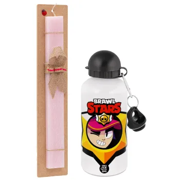 Brawl Stars Fang, Πασχαλινή Λαμπάδα με παγούρι μεταλλικό αλουμινίου (500ml) & κερί αρωματικό πλακέ (30cm) (ΡΟΖ)