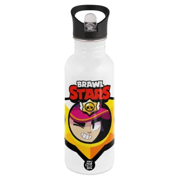 Brawl Stars Fang, White water bottle with straw, stainless steel 600ml