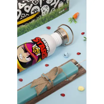 Brawl Stars Fang, Easter Set, metallic silver aluminum water bottle (500ml) & scented flat Easter candle (30cm) (TURQUOISE)