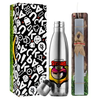 Brawl Stars Fang, Easter Set, metallic stainless thermos flask (500ml) & scented flat Easter candle (30cm) (GRAY)