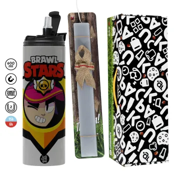 Brawl Stars Fang, Easter candle with Grey Tumbler Thermo 600ml & aromatic flat candle (30cm) (GREY)