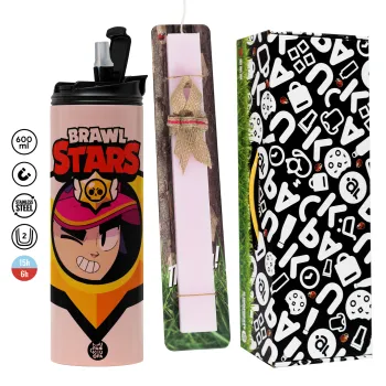 Brawl Stars Fang, Easter candle,Travel Tumbler 2 Lids, with metal straw & cleaning brush & aromatic flat candle (30cm) (PINK)