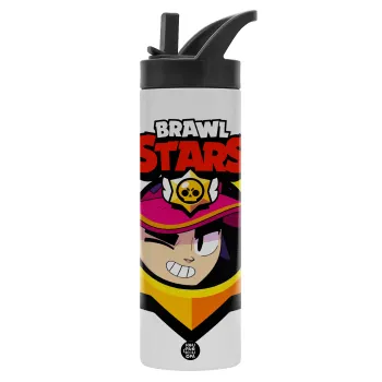 Brawl Stars Fang, Μεταλλικό παγούρι θερμός με καλαμάκι & χειρολαβή, ανοξείδωτο ατσάλι (Stainless steel 304), διπλού τοιχώματος, 600ml