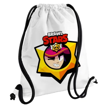 Brawl Stars Fang, Backpack pouch GYMBAG white, with pocket (40x48cm) & thick cords