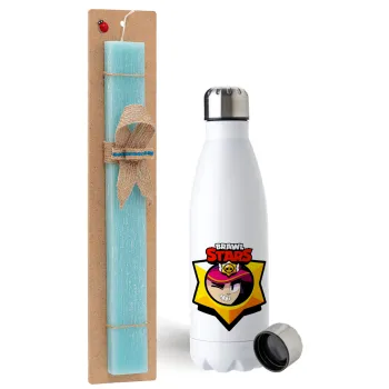 Brawl Stars Fang, Easter Set, metallic stainless steel water bottle (750ml) & aromatic flat Easter candle (30cm) (TURQUOISE)