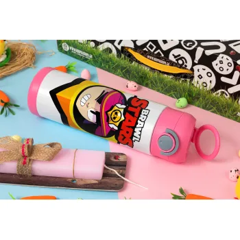 Brawl Stars Fang, Πασχαλινή Λαμπάδα με Παιδικό παγούρι θερμό, ανοξείδωτο, με καλαμάκι ασφαλείας, ΡΟΖ (500ml)