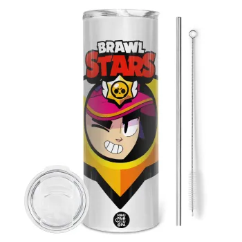 Brawl Stars Fang, Tumbler ποτήρι θερμό από ανοξείδωτο ατσάλι 600ml, με μεταλλικό καλαμάκι & βούρτσα καθαρισμού