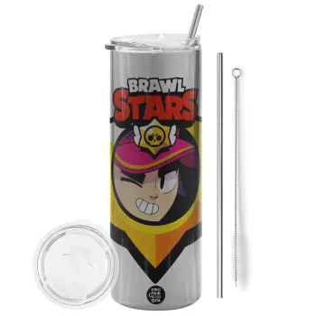 Brawl Stars Fang, Tumbler ποτήρι θερμό Ασημένιο από ανοξείδωτο ατσάλι 600ml, με μεταλλικό καλαμάκι & βούρτσα καθαρισμού