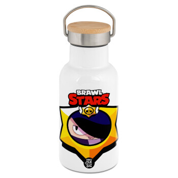 Brawl Stars Edgar, Μεταλλικό παγούρι θερμός (Stainless steel) Λευκό με ξύλινο καπακι (bamboo), διπλού τοιχώματος, 350ml