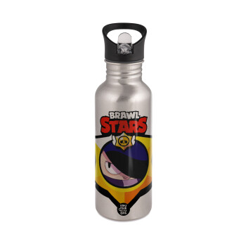 Brawl Stars Edgar, Water bottle Silver with straw, stainless steel 600ml