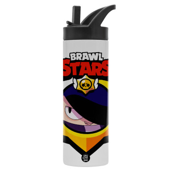 Brawl Stars Edgar, Metallic thermos bottle with straw & handle, stainless steel (Stainless steel 304), double-walled, 600ml.