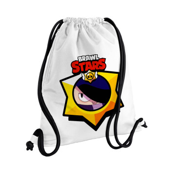 Brawl Stars Edgar, Τσάντα πλάτης πουγκί GYMBAG λευκή, με τσέπη (40x48cm) & χονδρά κορδόνια
