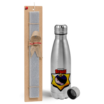 Brawl Stars Edgar, Easter Set, metallic Inox water bottle (750ml) & aromatic flat Easter candle (30cm) (GRAY)