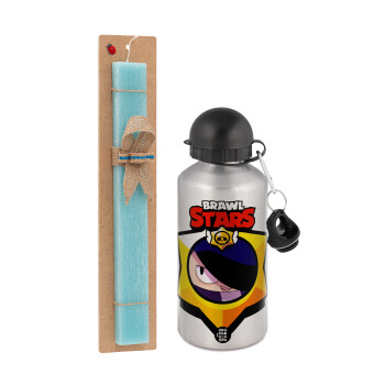 Brawl Stars Edgar, Easter Set, metallic silver aluminum water bottle (500ml) & scented flat Easter candle (30cm) (TURQUOISE)
