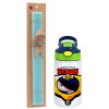 Easter Set, Children's thermal stainless steel bottle with safety straw, green/blue (350ml) & aromatic flat Easter candle (30cm) (TURQUOISE)