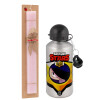 Easter Set, metallic Silver aluminum water bottle (500ml) & scented flat Easter candle (30cm) (PINK)