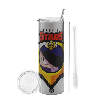 Brawl Stars Edgar, Tumbler stainless steel Silver 600ml, with metal straw & cleaning brush