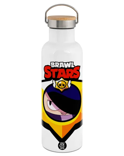 Brawl Stars Edgar — Stainless steel White with wooden lid (bamboo), double wall, 750ml