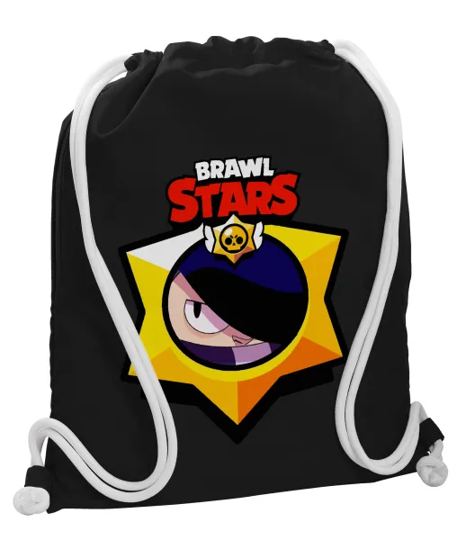 Brawl Stars Edgar — Backpack pouch GYMBAG Black, with pocket (40x48cm) & thick white cords