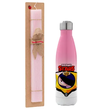 Brawl Stars Edgar, Πασχαλινή Λαμπάδα με Μεταλλικό παγούρι θερμός Ροζ/Λευκό (Stainless steel), διπλού τοιχώματος, 500ml & κερί αρωματικό πλακέ (30cm) (ΡΟΖ)