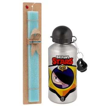 Brawl Stars Edgar, Easter Set, metallic silver aluminum water bottle (500ml) & scented flat Easter candle (30cm) (TURQUOISE)