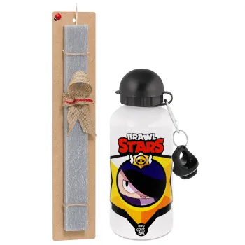 Brawl Stars Edgar, Easter Set, metallic aluminum water bottle (500ml) & aromatic flat Easter candle (30cm) (GRAY)