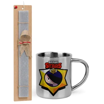 Brawl Stars Edgar, Easter Set, metallic thermal cup (300ml) & Easter aromatic flat candle (30cm) (GRAY)