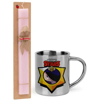 Brawl Stars Edgar, Easter Set, metallic thermal cup (300ml) & aromatic flat Easter candle (30cm) (PINK)