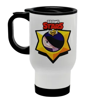 Brawl Stars Edgar, Κούπα ταξιδιού ανοξείδωτη με καπάκι, διπλού τοιχώματος (θερμό) λευκή 450ml