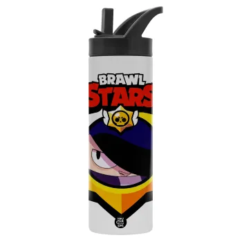 Brawl Stars Edgar, Metallic thermos bottle with straw & handle, stainless steel (Stainless steel 304), double-walled, 600ml.