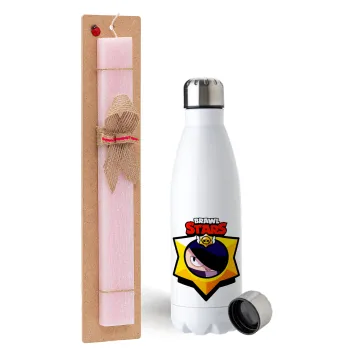 Brawl Stars Edgar, Easter Set, metallic stainless steel water bottle (750ml) & scented flat Easter candle (30cm) (PINK)